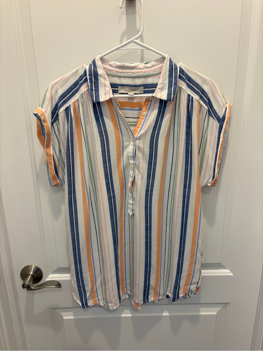 LOFT Women's Multicolor Stripe Short-Sleeve Shirt - Blue & Orange